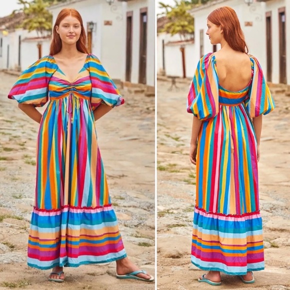 FARM Rio Dresses & Skirts - NWT Farm Rio Colorful Rainbow Striped Scarf V-Neck Beaded Tassels Maxi Dress